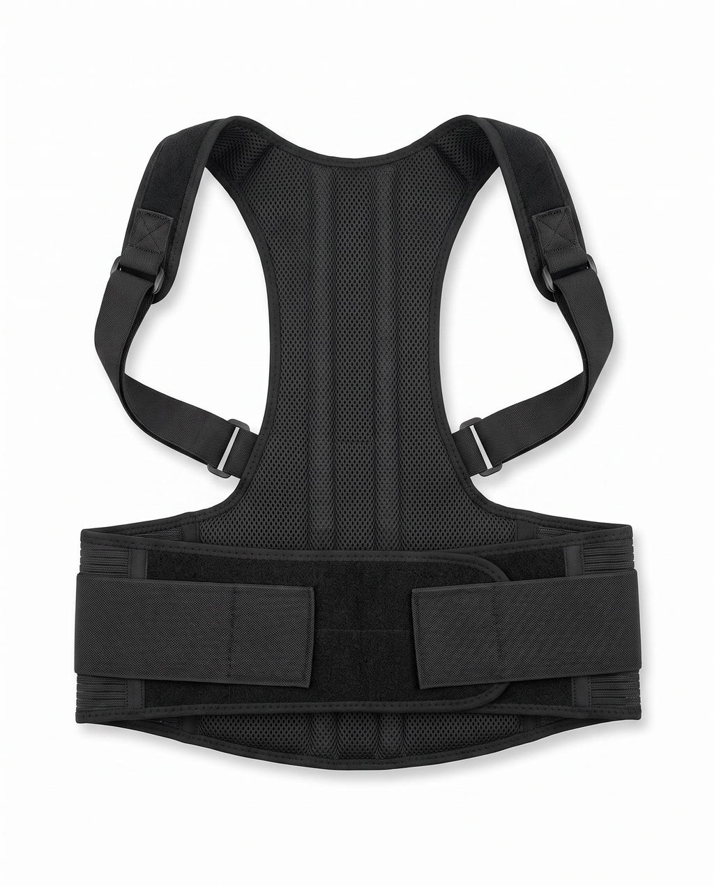 Adjustable posture corrector with breathable straps and lower-back support panel