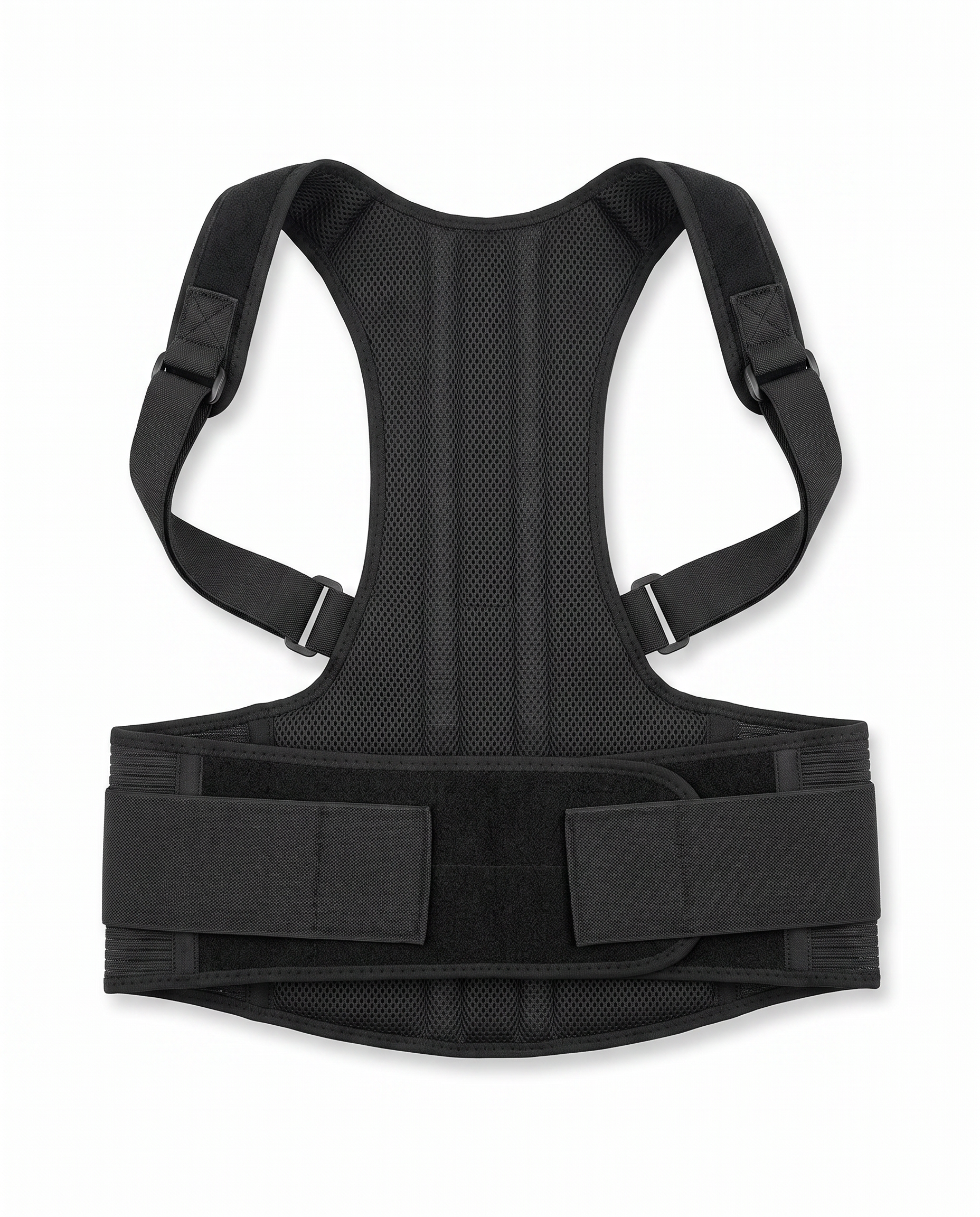 Adjustable posture corrector with breathable straps and lower-back support panel
