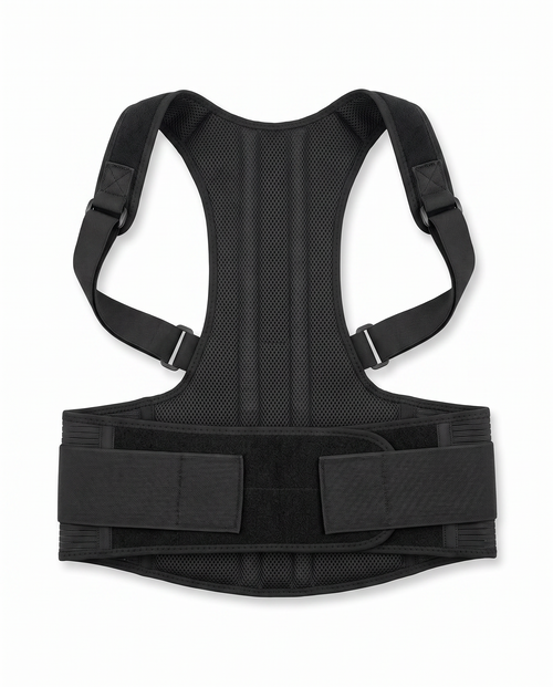 Adjustable posture corrector with breathable straps and lower-back support panel