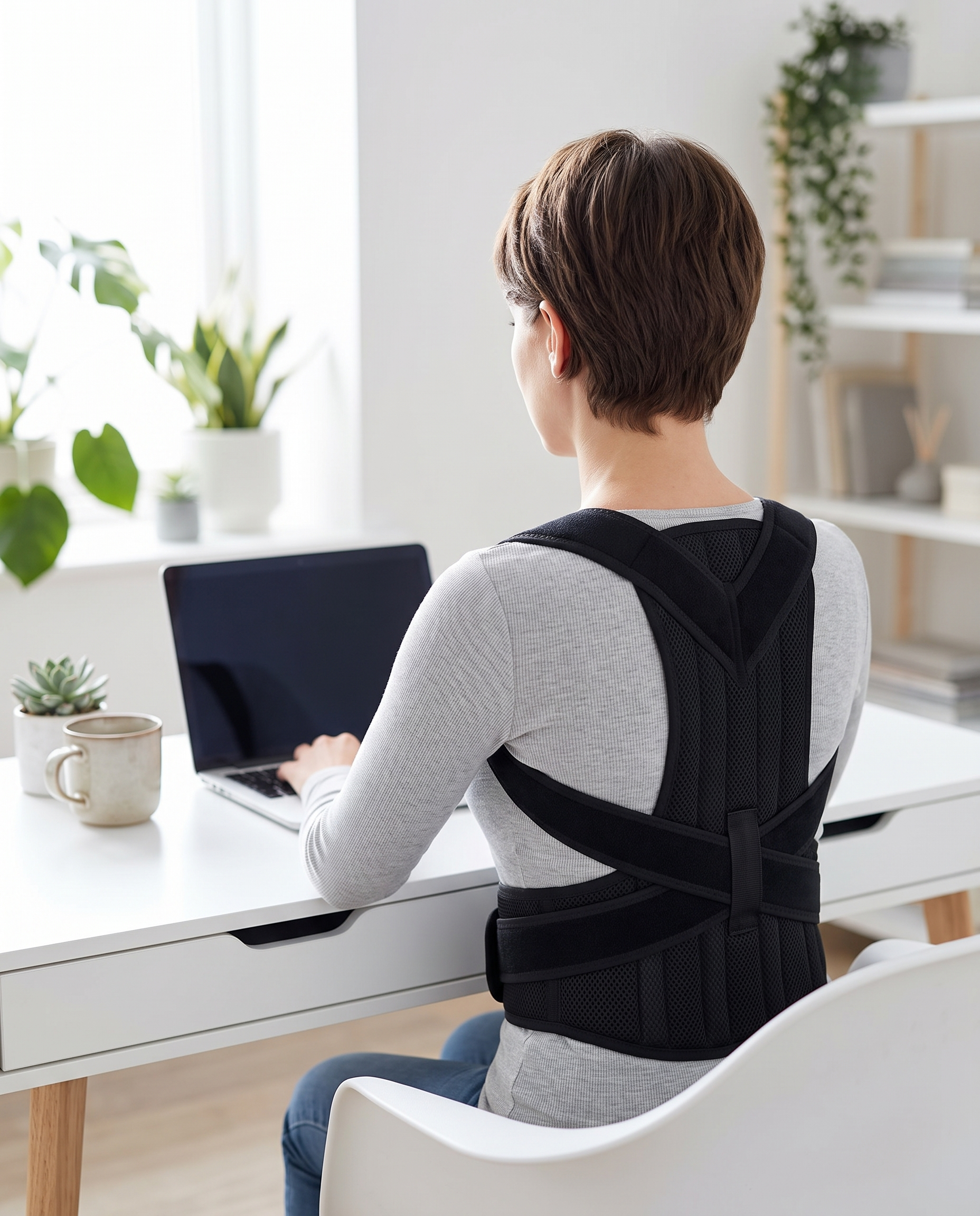 Person wearing the Posture Labs posture corrector while working at a desk