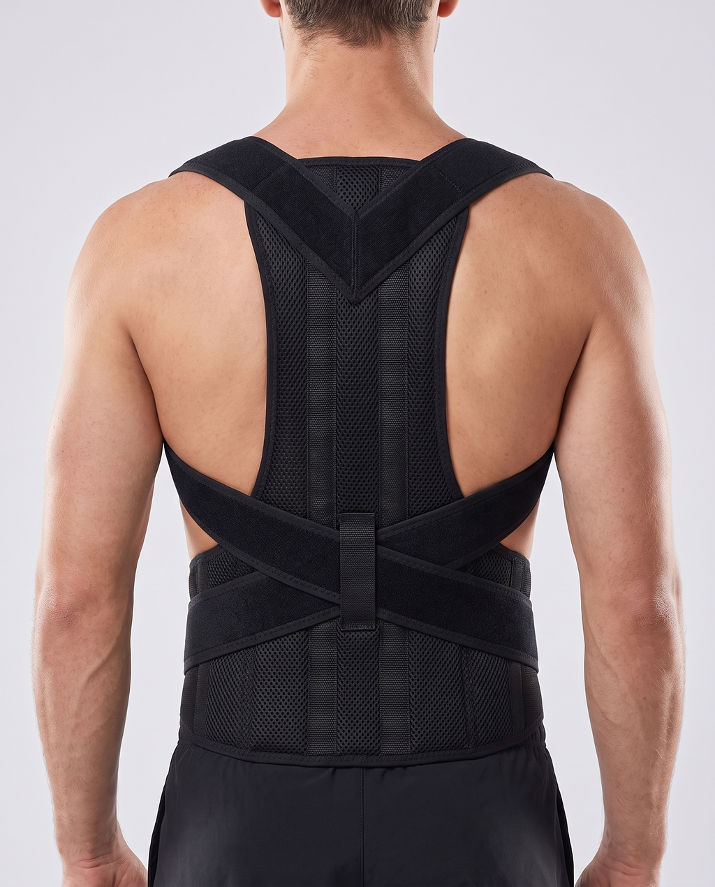 Back view of the Posture Labs posture corrector on a fit model in studio