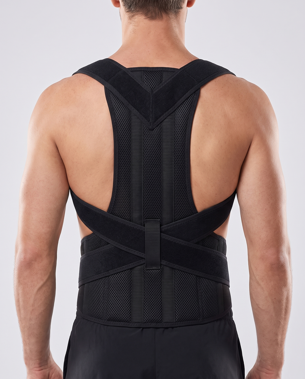 Back view of the Posture Labs posture corrector on a fit model in studio