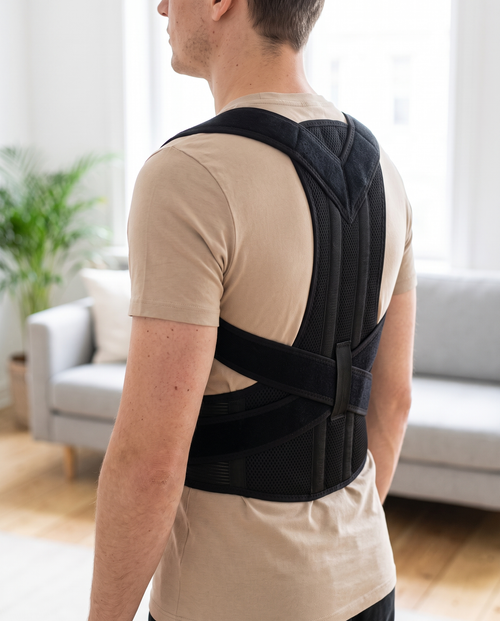Person wearing the Posture Labs adjustable posture corrector at home